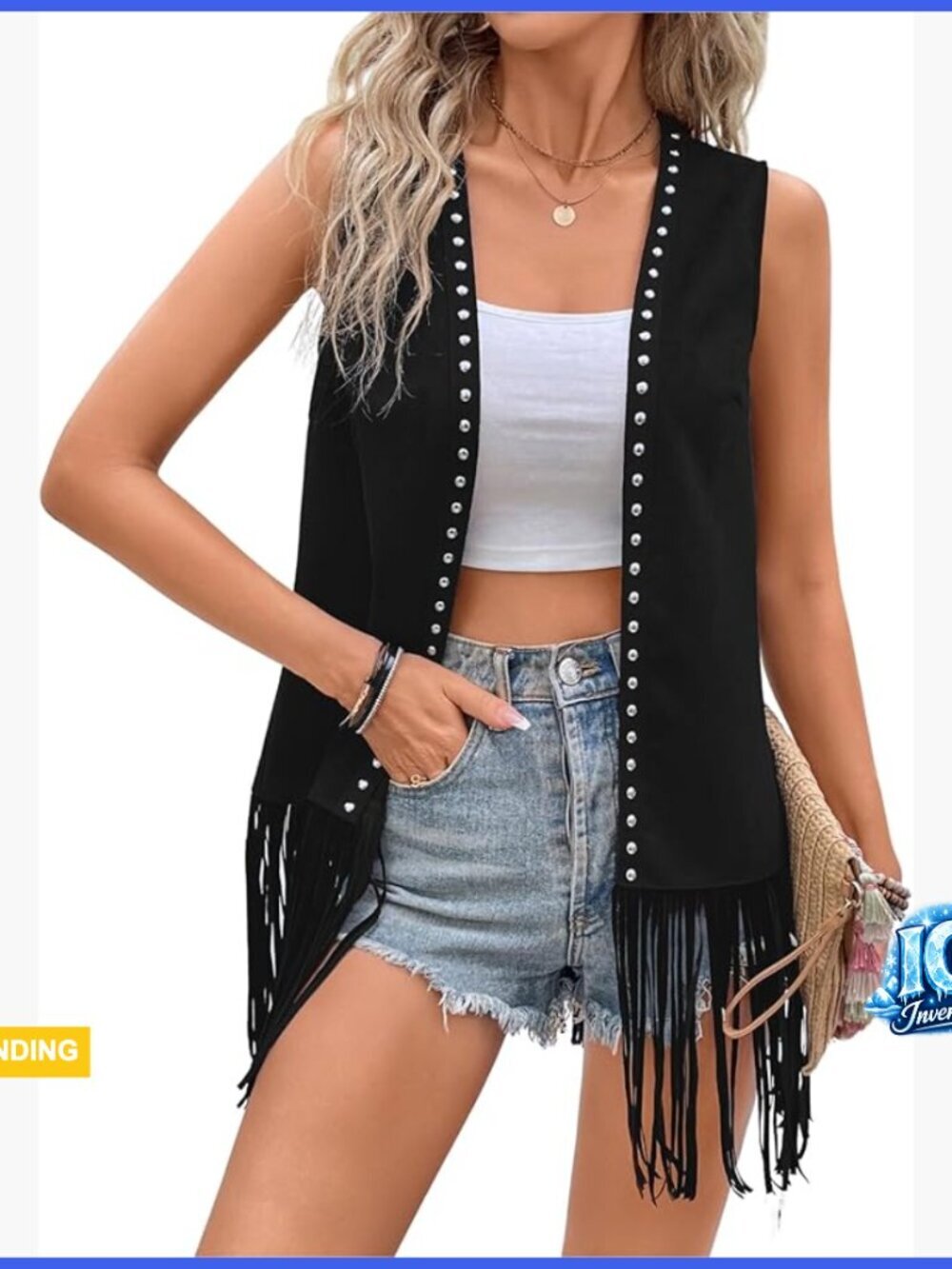 Fringe Vest Cardigan Sleeveless Studded Jacket Polyester Elastane